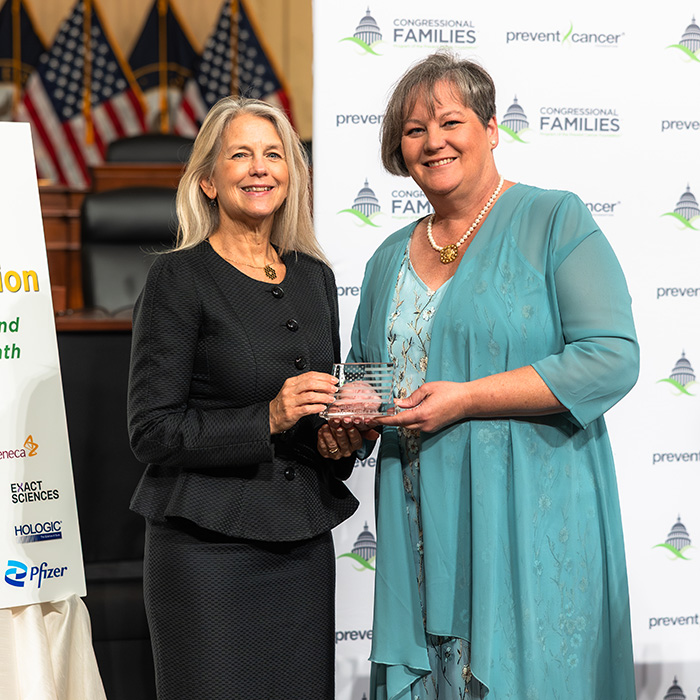 Dr. Dava Newman (left) accepted the Carolyn “Bo” Aldigé Visionary Award on behalf of the MIT Media Lab at the 2025 Congressional Families Program Spring Reception. The award was presented by Dr. Heather Obernolte, married to Rep. Jay Obernolte, Calif.