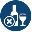 Icon illustration of a wine bottle and a wine glass with a large X over it indicating not to drink alcohol.
